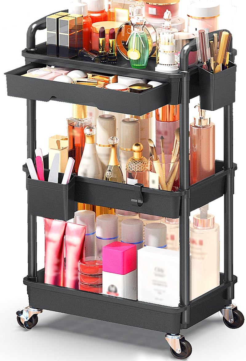 SUNALLY Makeup Cart Organizer with Drawers, Floor Skincare Organizers Vanity Storage Organizer, Rolling Makeup Bathroom Storage Cart Cosmetics Display Cases for Skin Care Perfume Nail Polish, Black - Image 1