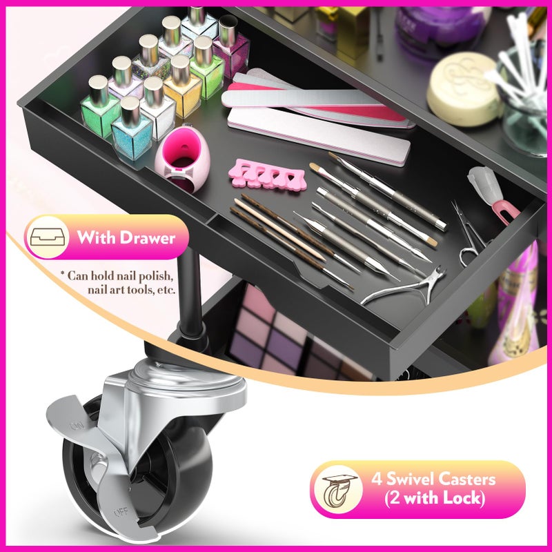 SUNALLY Makeup Cart Organizer with Drawers, Floor Skincare Organizers Vanity Storage Organizer, Rolling Makeup Bathroom Storage Cart Cosmetics Display Cases for Skin Care Perfume Nail Polish, Black - Image 3