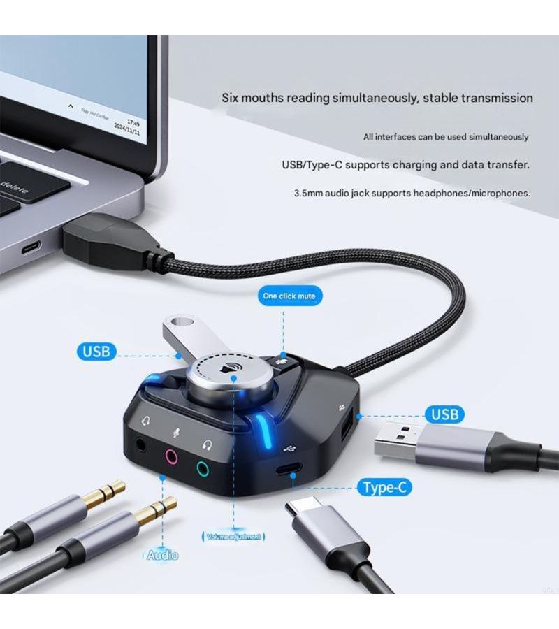 6 In 1 USB Sound Card Audio Dock Splitter USB Type C Charging Data Transfer Multifunctional Converter For PC Laptop Black - Image 4
