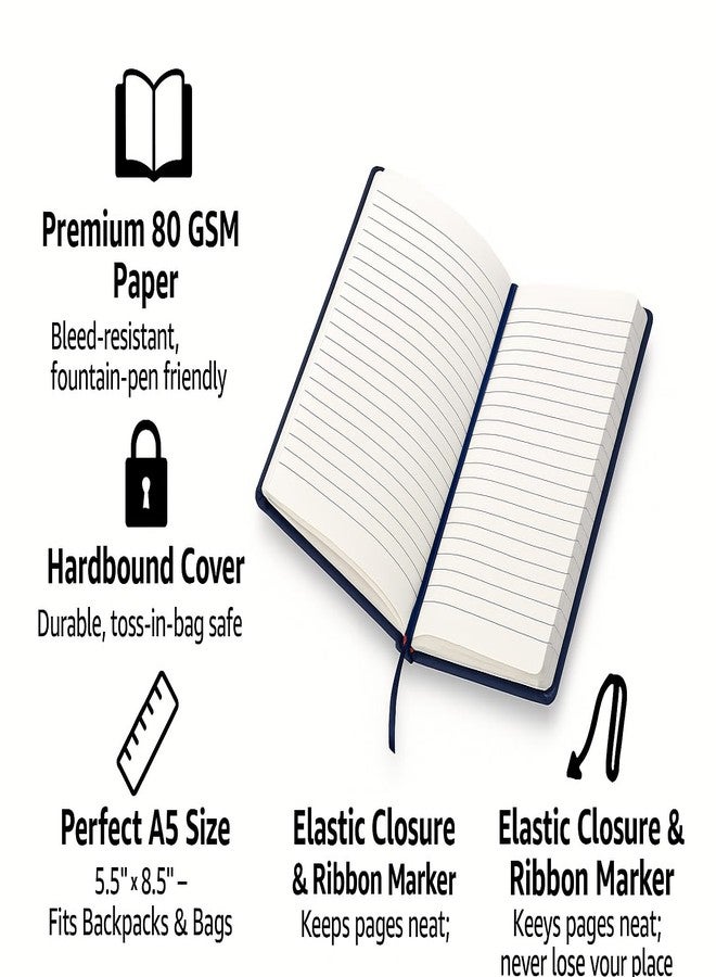 COI Blue Hardbound A5 Diary - 240-Page Lined Journal | Premium 80 GSM Paper | Elastic Band & Expandable Back Pocket | 8.5″×5.5″ Notebook for Notes & Planning - Image 2