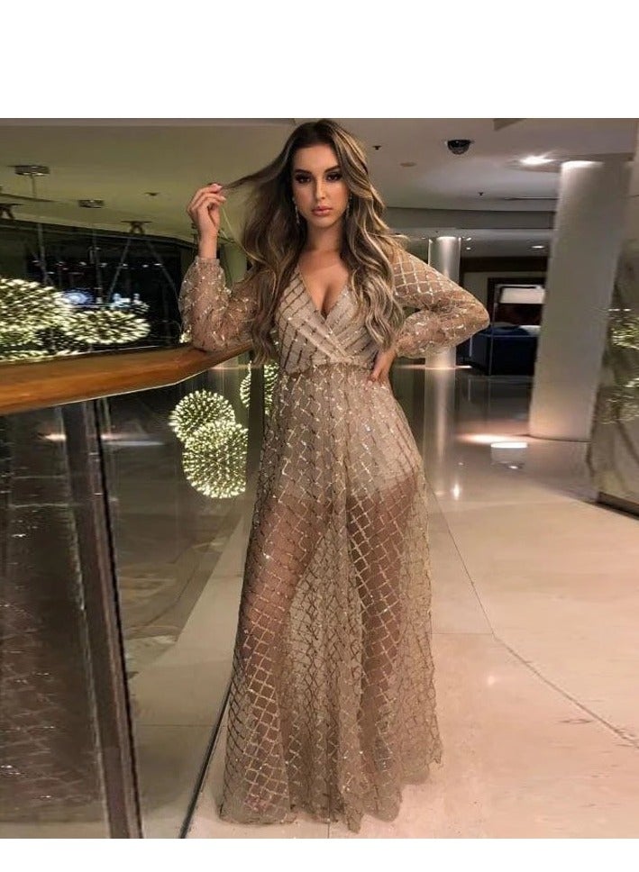 Women Wedding V-Neck Women'S Dress Slim Hollow Lace Sheer Mesh Female Elegant Formal Dresses Party Evening Prom Gala