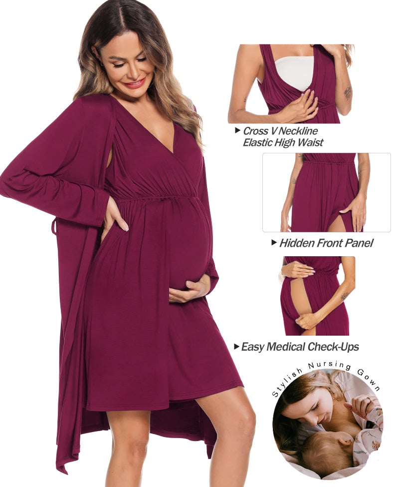 SWOMOG Women Maternity Nursing Gown and Robe Set 3 in 1 Labor Delivery Nursing Nightgown for Breastfeeding Hospital Bathrobe Wineberry - Image 3