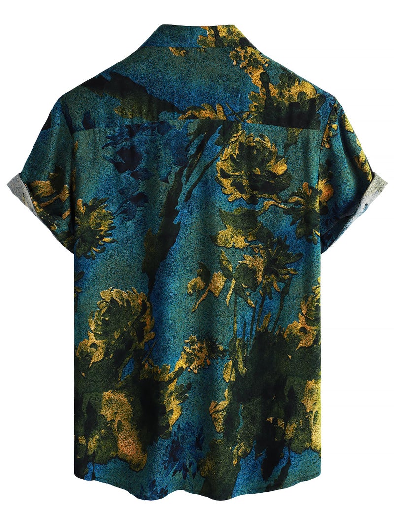 JOTOOK Mens Hawaiian Shirt Short Sleeve Button Down Tropical Shirts Casual Floral Summer Beach Shirt Medium Dark Blue - Image 2