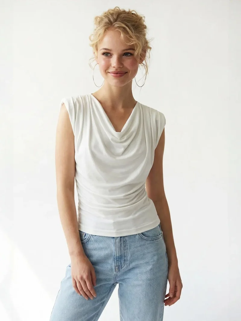 Mixray White MIXRAY Sleeveless Cowl Neck Blouse for Women | Best Price UAE