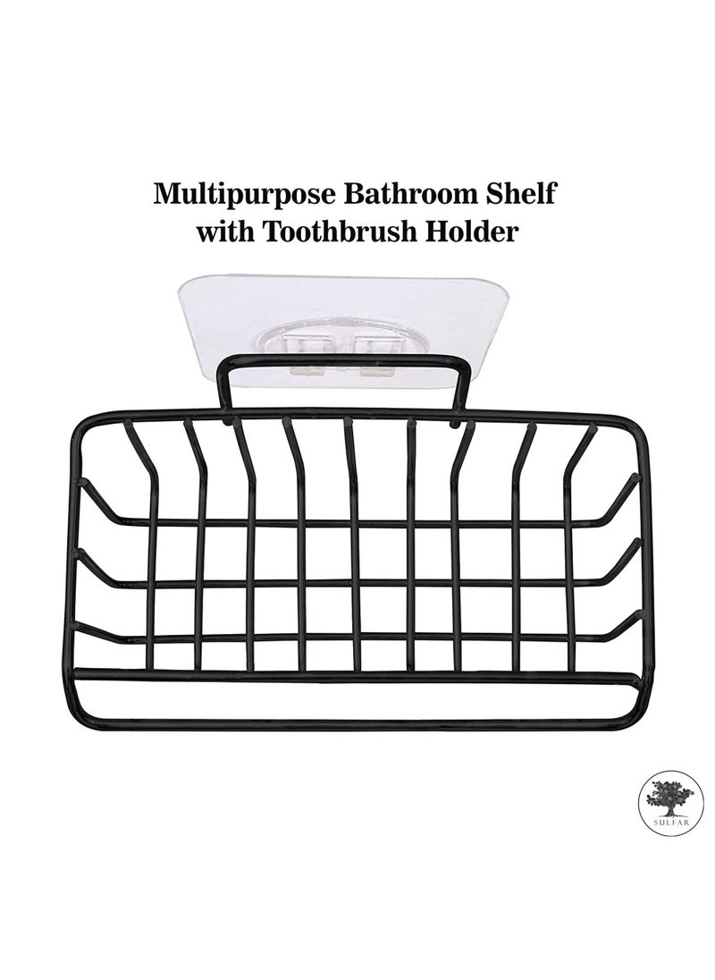 sulfar - MS Self Adhesive Multipurpose Bathroom Shelf with Toothbrush Holder, Storage Organizer, Bathroom Accessories Wall Mount (Black) - Image 1