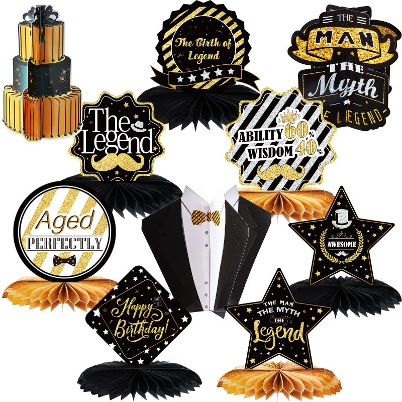 Tenare 10 Pieces The Man The Myth The Legend Centerpiece Birthday Decorations Father's Day Honeycomb Centerpiece Table Decor The Birth of Legend Decor for Birthday Party Vintage Supplies - Image 1
