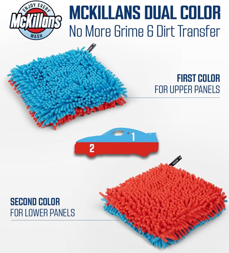 McKillans وسادة غسيل السيارات ثنائية اللون من ® - عبوة من قطعتين - مقاومة للخدوش - مقاس 10"x10" - رباط معصم - إسفنجة ميكروفايبر شينيل ناعمة - وسادة غسيل السيارات - قطعة قماش تنظيف السيارات للتفصيل (عبوة من قطعتين) - Image 3