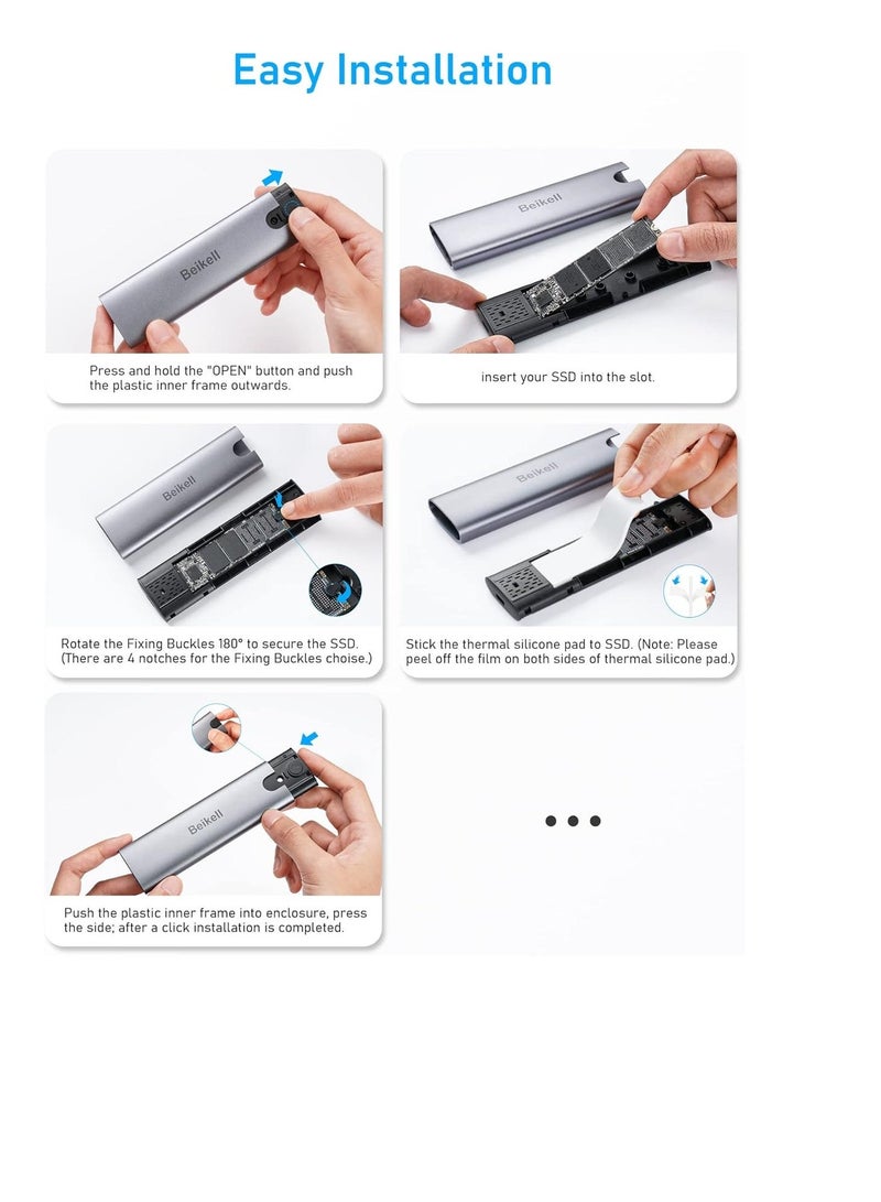 "حاوية M.2 NVME خالية من الأدوات، 10Gbps USB 3.2 الجيل الثاني، محول M.2 SSD إلى USB لــ 2230/2242/2260/2280 M.2 NVMe/SATA مع كابلات USB C إلى C وUSB A إلى C" - Image 4