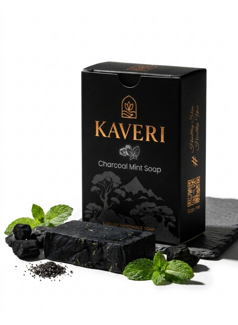 KAVERI Natural Charcoal Mint Handmade Soap Bar – Detoxifying Cold-Processed Bath & Face Bar with Activated Charcoal & Mint, 110 g - Image 1