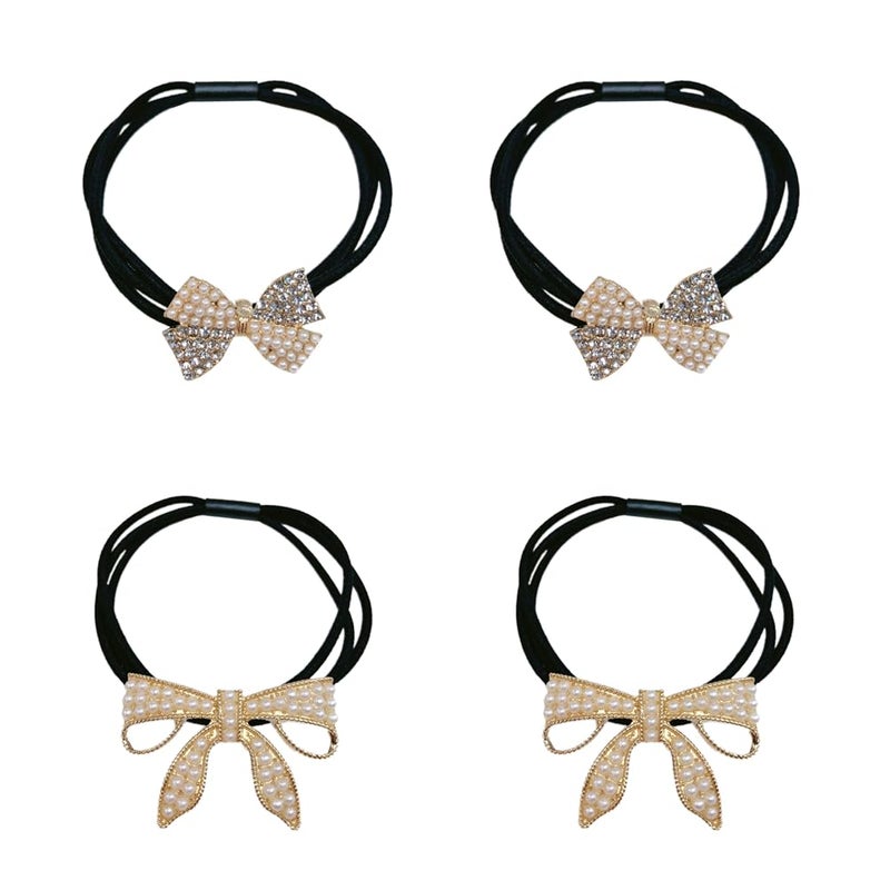 4Pcs Korean Fashion Scrunchies Hair Bands Rhinestone Pearls Bow Hair ties Ponytail Holder Hair Accessories for Women Girls