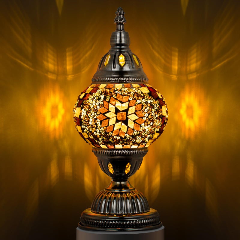 Marrakech Turkish Table Lamp with Bronze Baseï¼ŒHandmade Yellow Moroccan Tiffany Style Mosaic Glass Night Stand Light Fixture Including LED Bulb for Living Room Bedroom Decor (Yellow) - Image 1