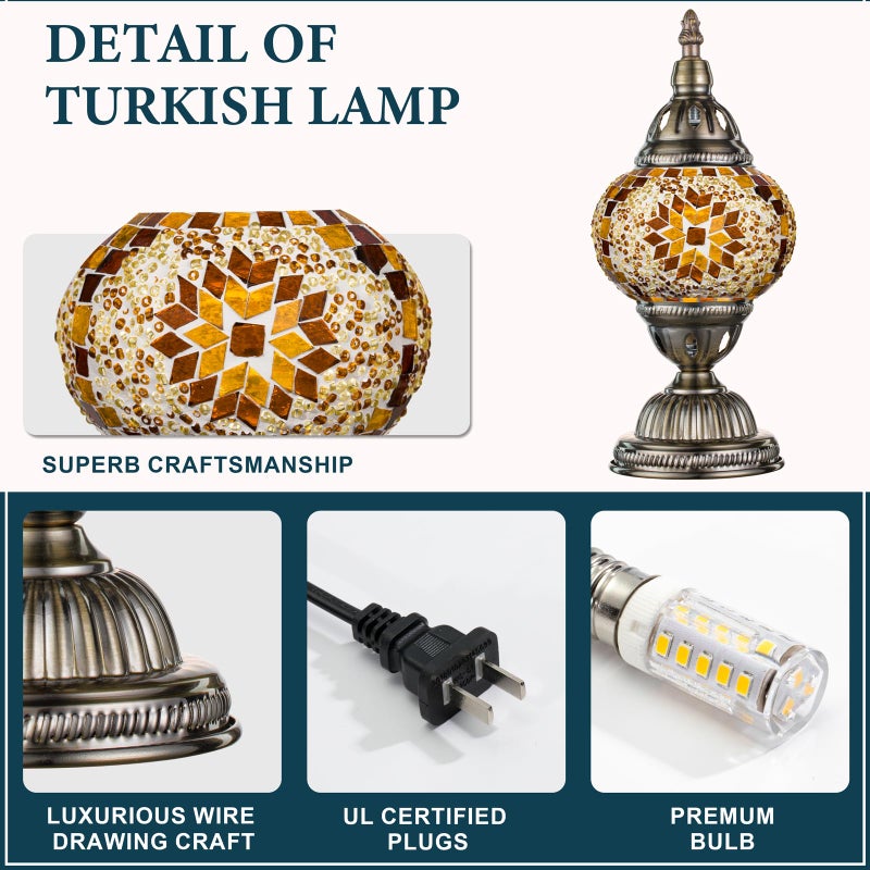 Marrakech Turkish Table Lamp with Bronze Baseï¼ŒHandmade Yellow Moroccan Tiffany Style Mosaic Glass Night Stand Light Fixture Including LED Bulb for Living Room Bedroom Decor (Yellow) - Image 4