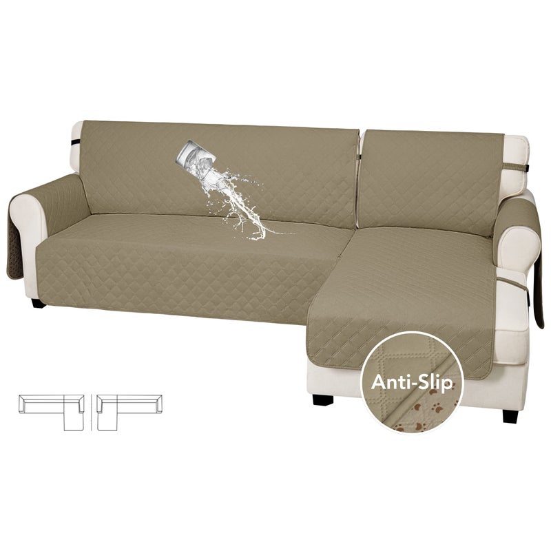 EasyGoing Waterproof Sectional Couch Covers with Chaise 2Piece Non Slip L Shape Sofa Cover for Dogs Leakproof Furniture Protector Cover with Adjustable Strap for Pets XLarge Beige
