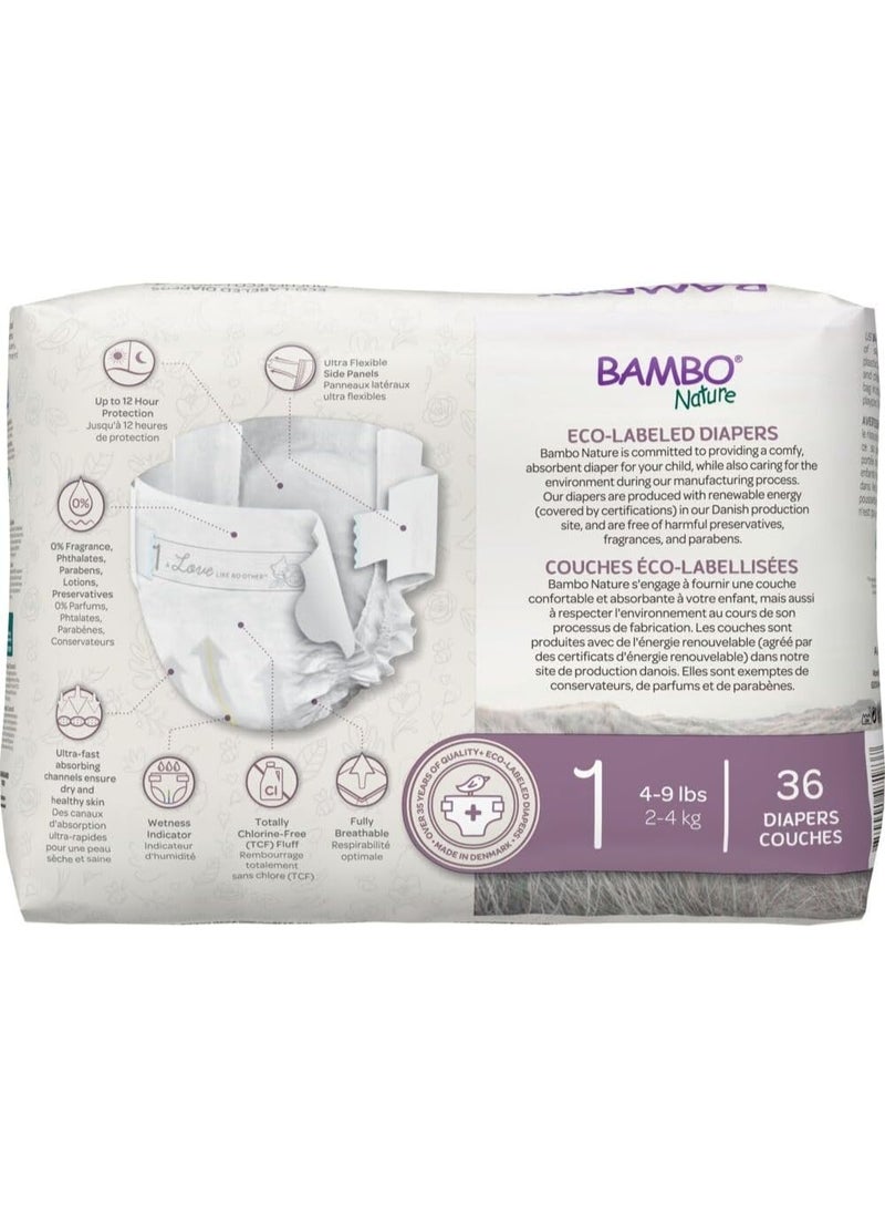 BAMBO NATURE حفاضات بامبو ناتشر المضادة للحساسية للأطفال، حفاضات مستدامة مع علامة بيئية، حماية معززة ضد التسرب، خالية تمامًا من الكلور، صديقة للبشرة، وامتصاص فائق - الحجم 1 (36 قطعة) - Image 5