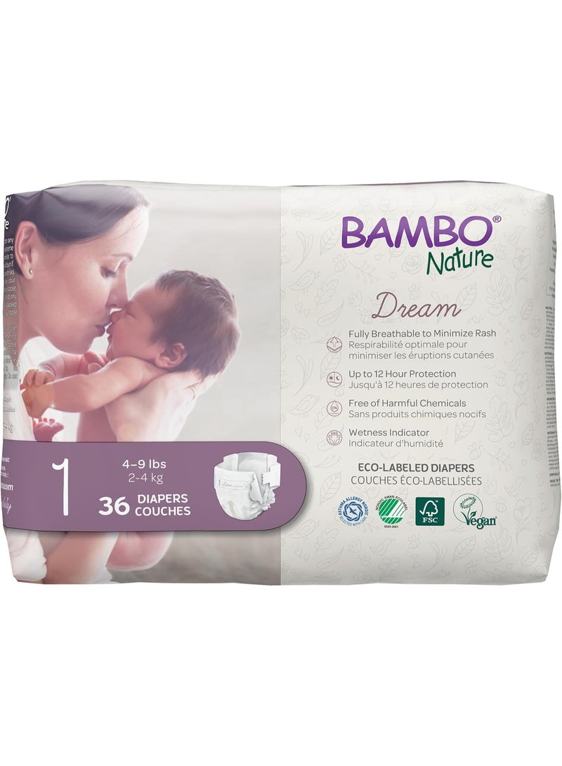 BAMBO NATURE حفاضات بامبو ناتشر المضادة للحساسية للأطفال، حفاضات مستدامة مع علامة بيئية، حماية معززة ضد التسرب، خالية تمامًا من الكلور، صديقة للبشرة، وامتصاص فائق - الحجم 1 (36 قطعة) - Image 1