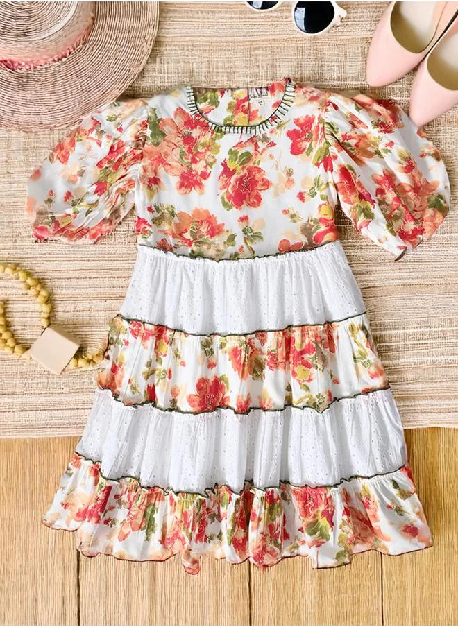 BELLA MODA Bella Moda Floral Print Schiffli Tiered Dress with Balloon Sleeves