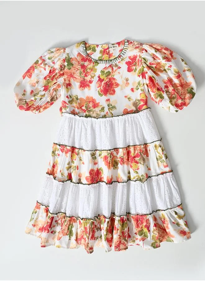 BELLA MODA Bella Moda Floral Print Schiffli Tiered Dress with Balloon Sleeves