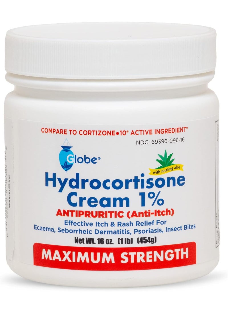 Globe Globe Hydrocortisone Maximum Strength Cream 1% w/Aloe, 16 oz, Anti-Itch Cream for Redness, Swelling, Itching, Rash, Bug/Mosquito Bites, Eczema, Hemorrhoids & More, 16 oz Jar 