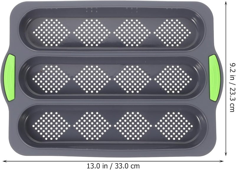 Three-slot Silicone Artisan Baguette Bread Pan Diamond Bottom, Non-stick Bakery Baking Mold, Deep Gray Green Handle, for Kitchen Loaf Baking and Sandwich Mold Use - Image 2