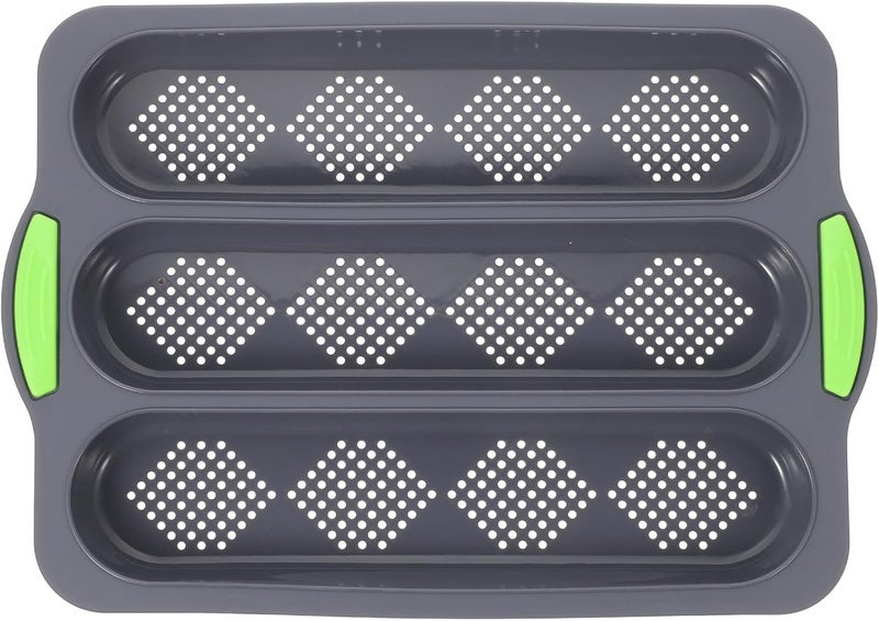 Three-slot Silicone Artisan Baguette Bread Pan Diamond Bottom, Non-stick Bakery Baking Mold, Deep Gray Green Handle, for Kitchen Loaf Baking and Sandwich Mold Use - Image 1