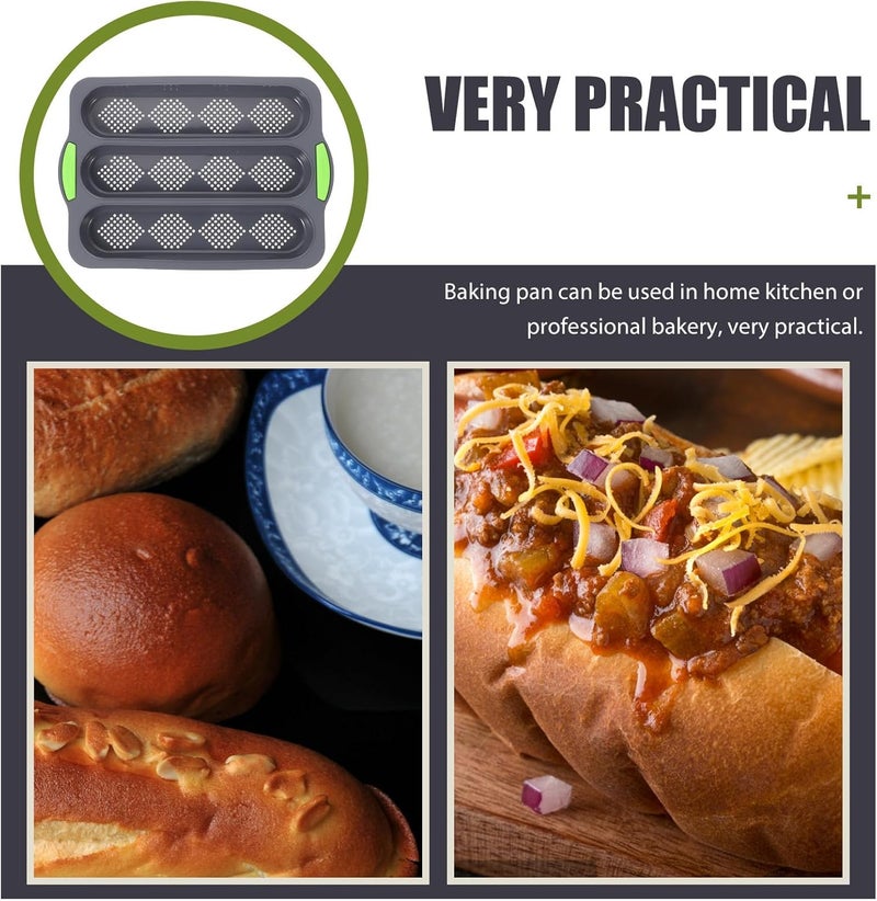 Three-slot Silicone Artisan Baguette Bread Pan Diamond Bottom, Non-stick Bakery Baking Mold, Deep Gray Green Handle, for Kitchen Loaf Baking and Sandwich Mold Use - Image 3