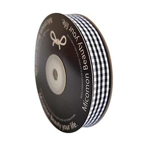 Micomon Black and White Wovon Edge Gingham Ribbon 25 Yard Each Roll 100% Polyester (5/8", Black) - Image 2