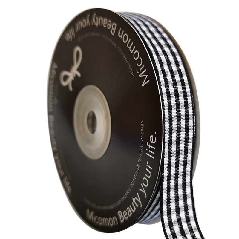 Micomon Black and White Wovon Edge Gingham Ribbon 25 Yard Each Roll 100% Polyester (5/8", Black) - Image 1