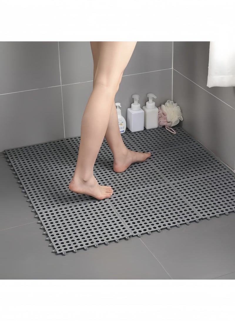 جيجيرو 24 قطعة من بلاط الأرضيات المطاطي المتشابك لتصريف المياه، سجادة حمام مانعة للانزلاق، سجادة أرضية حمام ناعمة من مادة TPE مع فتحة تصريف، سجادة أرضية حمام للحمام والمطبخ وحمام السباحة، كل قطعة 30 × 30 سم، لون رمادي - Image 3