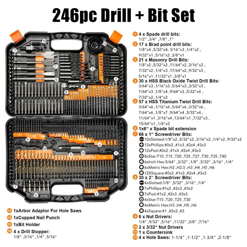 EnerTwist Drill Bit Set, 246-Pieces Drill Bits and Driver Set for Wood Metal Cement Drilling and Screw Driving, Full Combo Kit Assorted in Plastic Carrying Case, ET-DBA-246 - Image 2