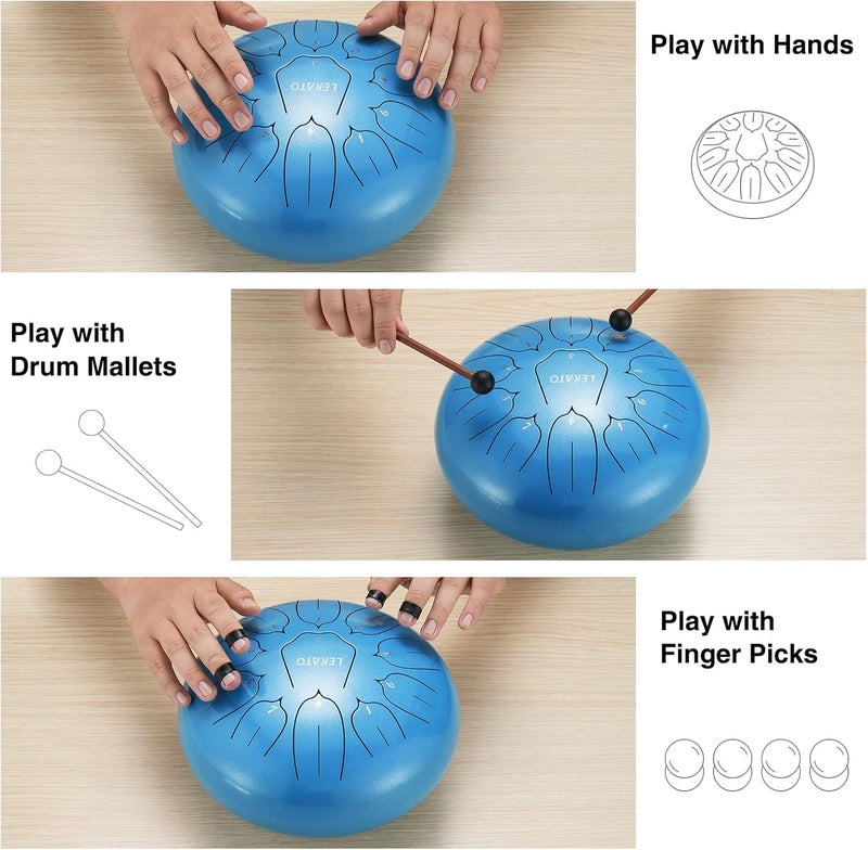 LEKATO Steel Tongue Drum 10 Inch 11 Notes, D Major Hanpan Drum Percussion for Meditation Yoga Musical Education, Christmas Birthday Music Gift for Beginners,Sky Blue - Image 3