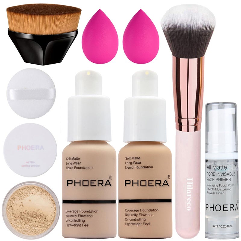 Hilareco PHOERA Foundation Primer Powder Makeup Set  Kabuki Brushes 2 Pcs Sponge 102 Nude  104 Buff Beige