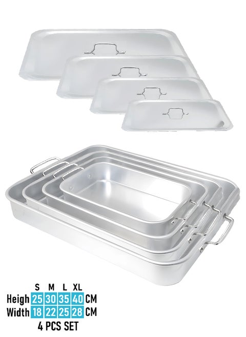 A set of 4 pieces of aluminum rectangular oven trays with a lid