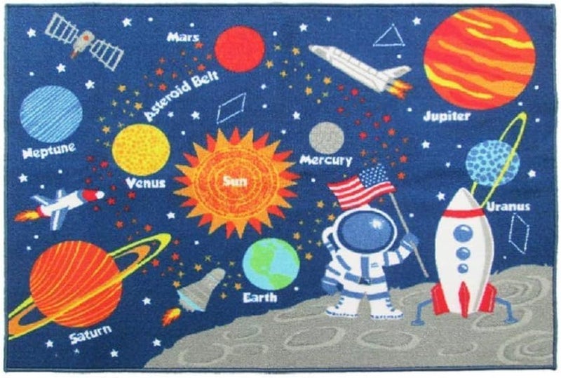 HUAHOO Kids Rug Educational Learning Carpet Galaxy Planets Stars Blue Children's Fun Area Rug Nursery Rugs Solar System Rectangle Rug (Stars, 32"x47") - Image 2