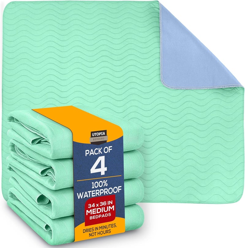 Utopia Bedding Washable Underpads 34" x 36" - Incontinence Bed Pads (Pack of 4) for Adults, Elderly, Kids, and Pets - Heavy Absorbency Waterproof Bed Pads for Sofa and Couch (Green Blue)