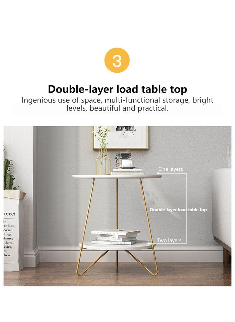 Sharpdo Living Room Sofa Side Table Double Layer Small Coffee Table, Metal Frame, White Round Coffee Table 48*48*50CM - Image 5
