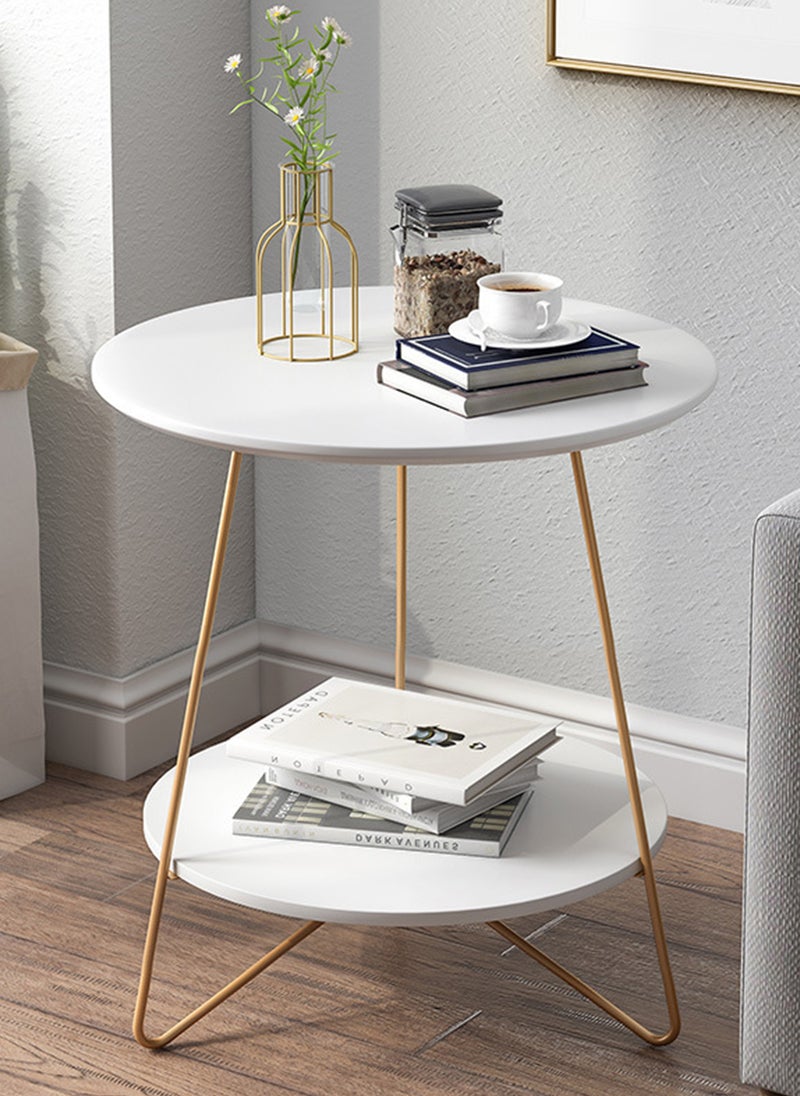 Sharpdo Living Room Sofa Side Table Double Layer Small Coffee Table, Metal Frame, White Round Coffee Table 48*48*50CM - Image 2