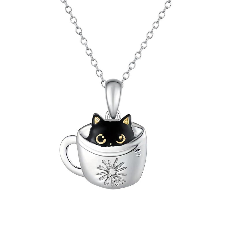 DkakoJew Lovely Black Cat Necklace, Silver, For Girls Aged 3 and Above - Image 1
