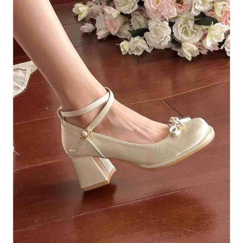 French Satin Bow Chunky Heel Mary Jane Shoes Fairy Style Petite Height-Increasing Shallow Mouth Single Shoes - Image 1