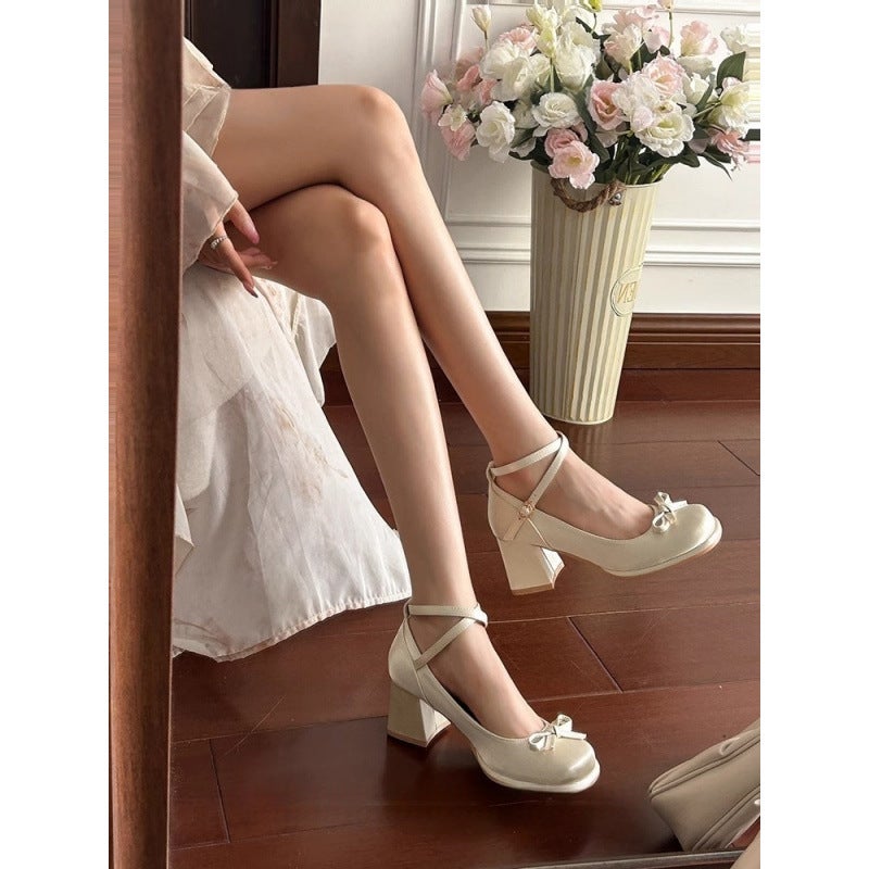 French Satin Bow Chunky Heel Mary Jane Shoes Fairy Style Petite Height-Increasing Shallow Mouth Single Shoes - Image 4