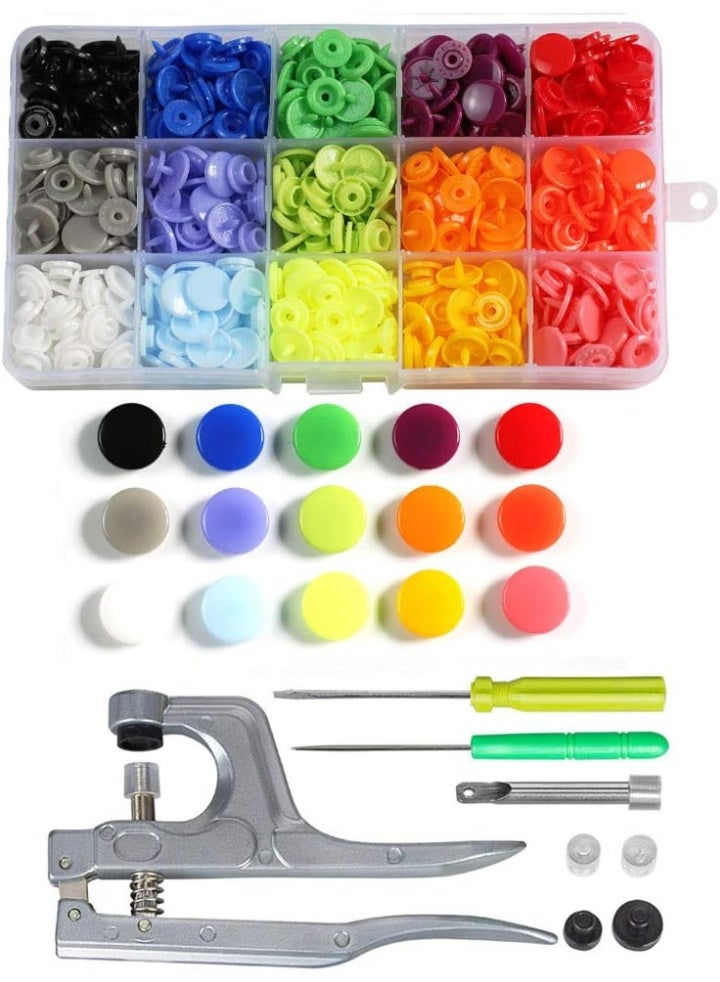 150 Sets 15 Colors Snap Buttons with Snap Pliers Kit, No-Sew Button Fastener Setter with T5 Plastic Snap Button & Organizer Containers for Starter Cloth Fabric Sewing DIY Crafts - Image 1