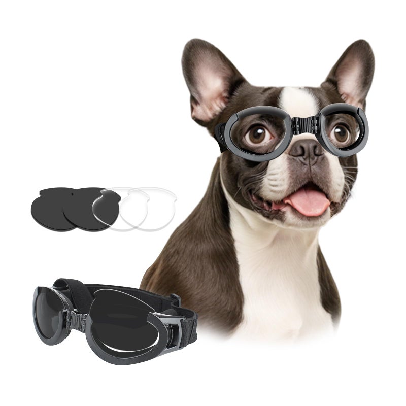 PETLESO Dog Goggles Medium Breeds, Clear UV Protection Dog Sunglasses with Black Replaceable Lenses, Adjustable Doggy Glasses for Outdoor Activities Hiking/Camping Windproof Pet Eyewear - Image 1