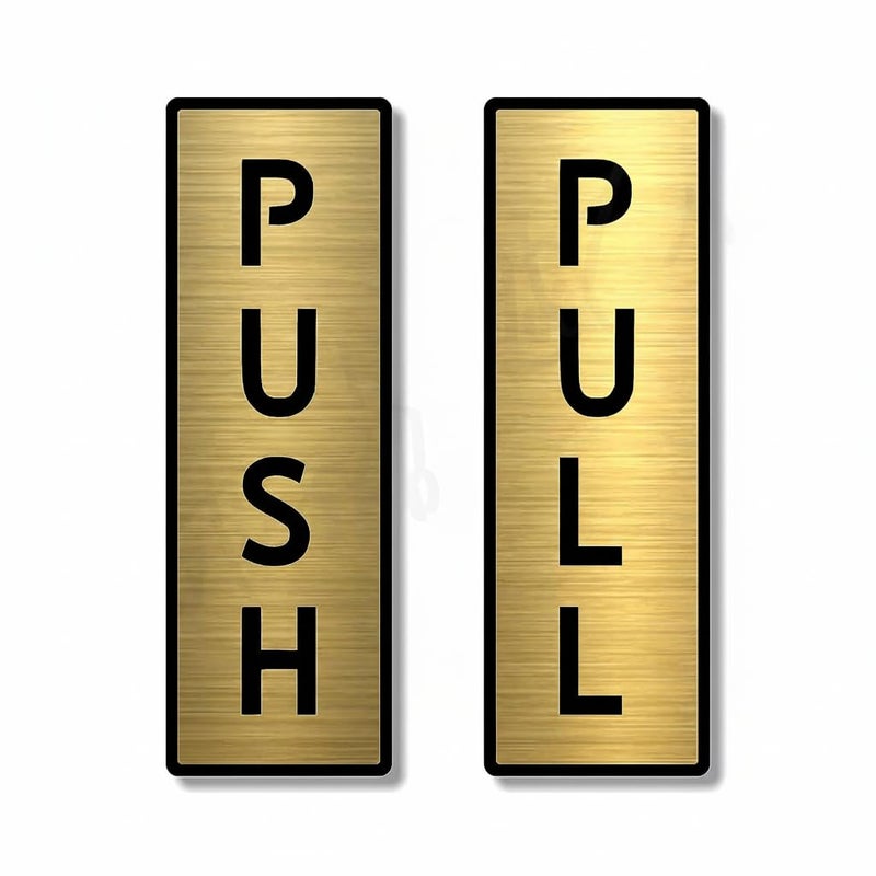 BerryBox Premium Brush Gold Finish and Black Acrylic Push Pull Door 6" x 2" Sign Easy to Mount Self-Adhesive Tape for Hotel Office Corporate Resort - Image 1