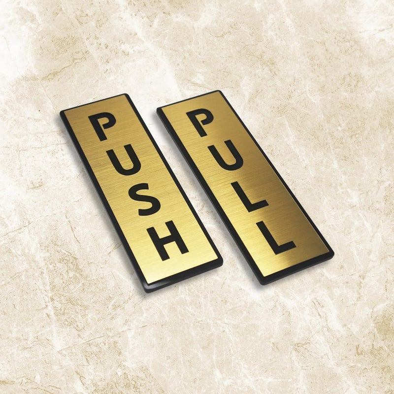 BerryBox Premium Brush Gold Finish and Black Acrylic Push Pull Door 6" x 2" Sign Easy to Mount Self-Adhesive Tape for Hotel Office Corporate Resort - Image 3