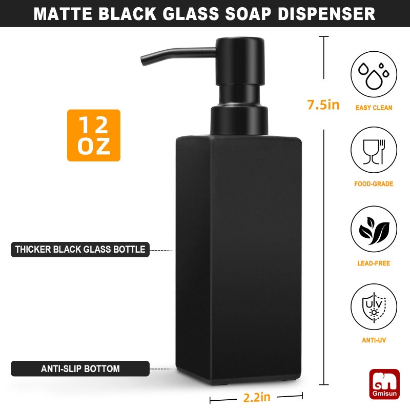 GMISUN Black Soap Dispenser Bathroom, Glass Hand Soap Dispenser with Stainless Steel Pump, 12 fl oz/350ml Refillable Dish Dispensers for Kitchen, Modern Liquid Lotion Bottles for Bathroom Countertop - Image 2