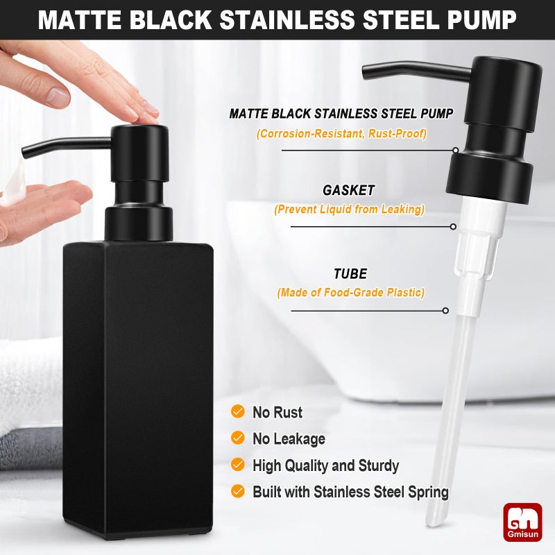 GMISUN Black Soap Dispenser Bathroom, Glass Hand Soap Dispenser with Stainless Steel Pump, 12 fl oz/350ml Refillable Dish Dispensers for Kitchen, Modern Liquid Lotion Bottles for Bathroom Countertop - Image 3