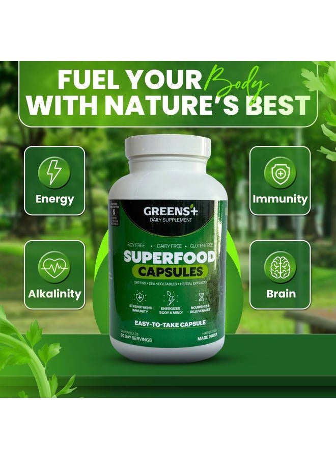 Greens+ Organic Superfood Capsules, Organic Spirulina and Chlorella, with Alfalfa & Wheat Grass, Vitamins & Minerals Supplements, Gluten-Free, Vegan, Non-GMO, 240 Count - Image 2