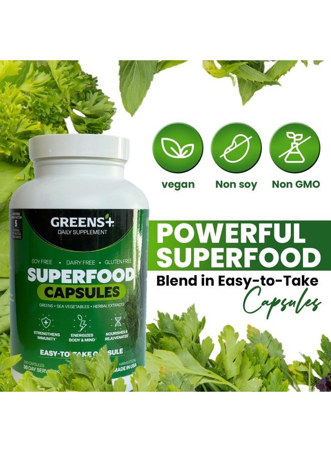 Greens+ Organic Superfood Capsules, Organic Spirulina and Chlorella, with Alfalfa & Wheat Grass, Vitamins & Minerals Supplements, Gluten-Free, Vegan, Non-GMO, 240 Count - Image 3