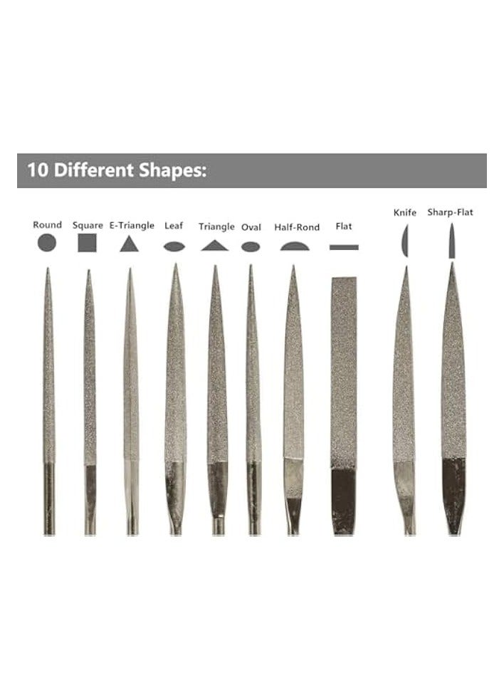 PROMASS Set of 10Pcs Diamond Files for Metal Diamond File Set Flat Needle Square Round Triangular Shape Rifler Files Metal Jewelry Glass Wood Carving Sanding Polishing Tool - 4x160mm - Image 5