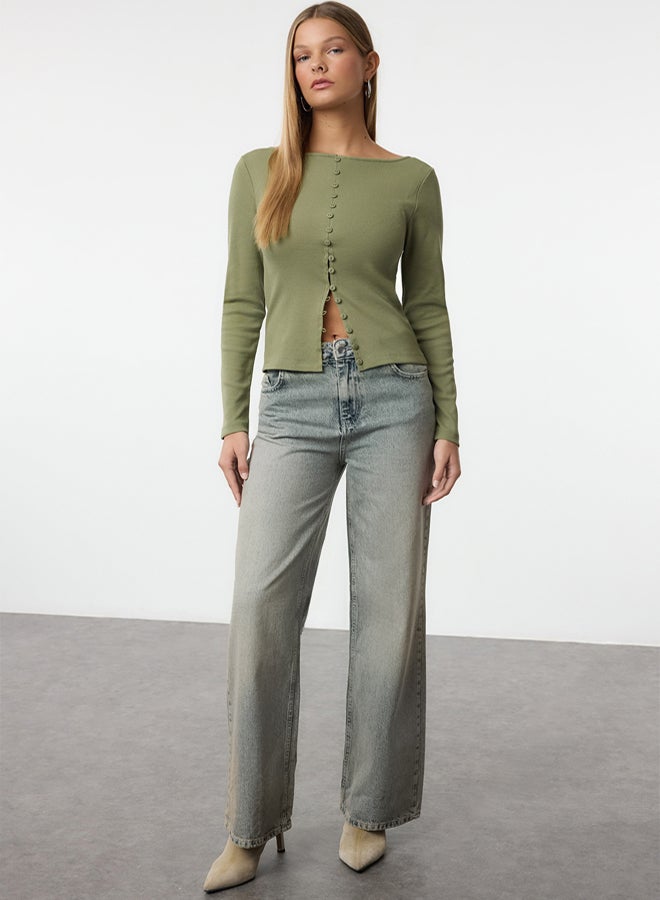 trendyol Flexible Corded Khaki Knitted Blouse - Crew Neck, Button Detail - Image 1