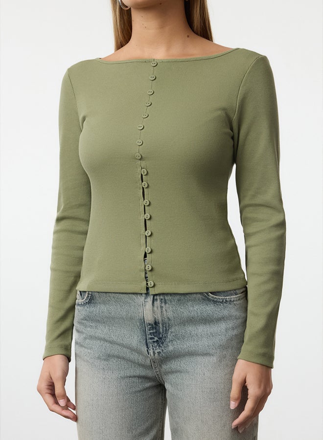 trendyol Flexible Corded Khaki Knitted Blouse - Crew Neck, Button Detail - Image 3